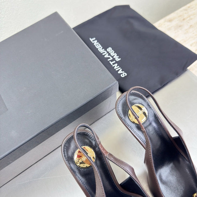 YSL 26S SLINGBACK HIGH HEELS 105 MM IN DARK BROWN CALFSKIN