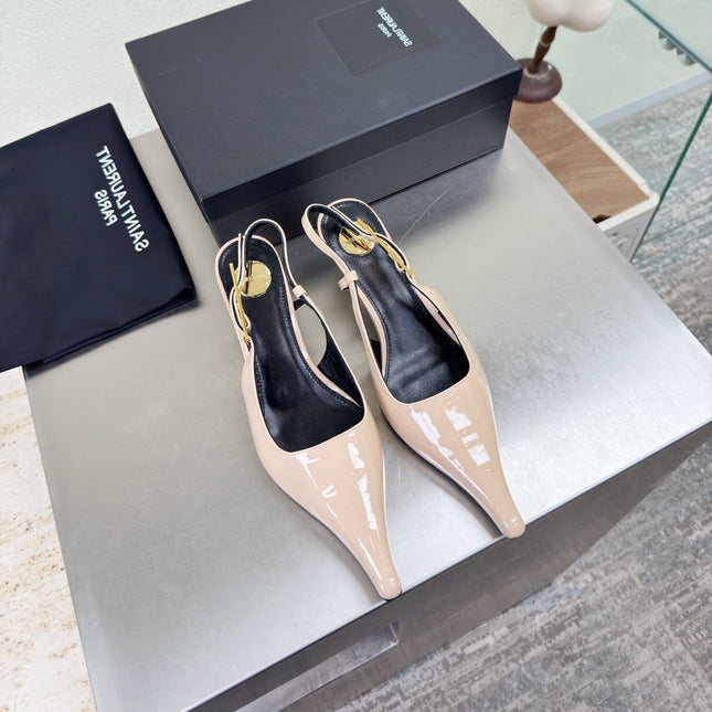 YSL 26S SLINGBACK HIGH HEELS 75 MM IN NUDE BEIGE GLOSSY CALFSKIN