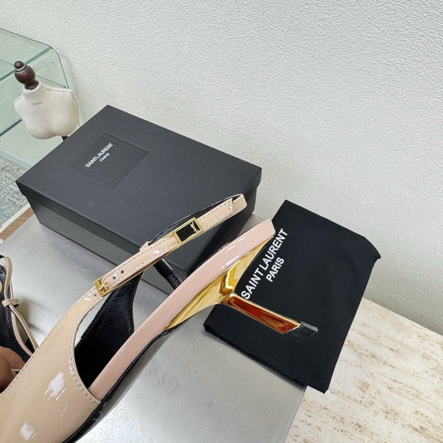 YSL 26S SLINGBACK HIGH HEELS 75 MM IN NUDE BEIGE GLOSSY CALFSKIN