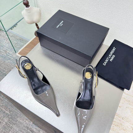 YSL 26S SLINGBACK HIGH HEELS 75 MM IN GREY GLOSSY CALFSKIN