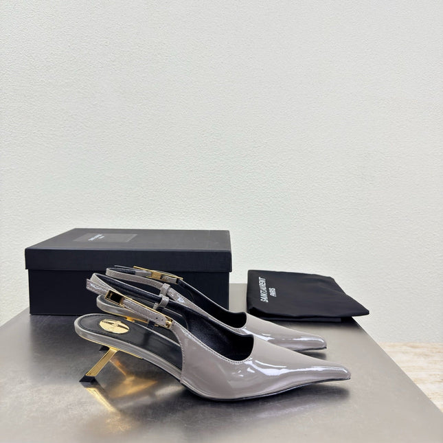 YSL 26S SLINGBACK HIGH HEELS 75 MM IN GREY GLOSSY CALFSKIN