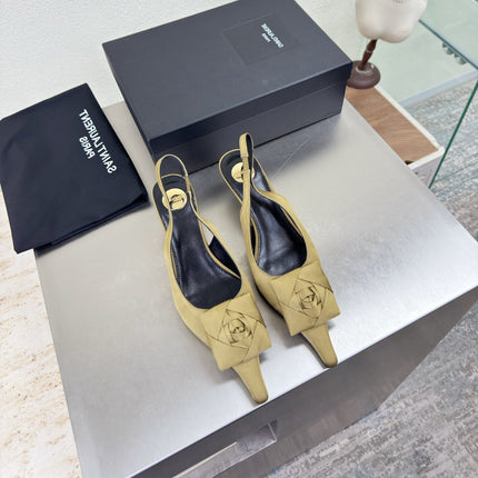 YSL 26S SLINGBACK HIGH HEELS 55 MM IN LIGHT OLIVE GREEN SATIN