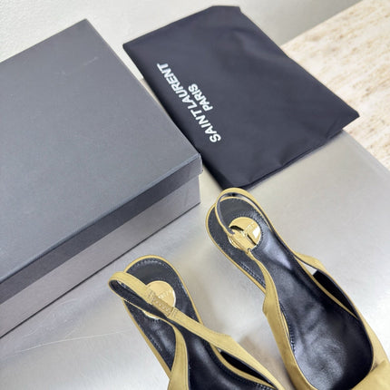 YSL 26S SLINGBACK HIGH HEELS 55 MM IN LIGHT OLIVE GREEN SATIN