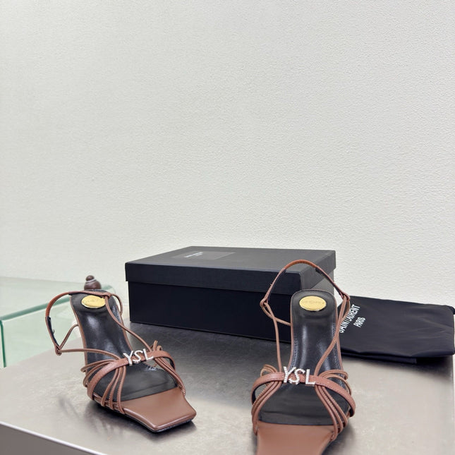 YSL 26S HIGH HEEL SANDALS 85 MM IN BROWN CALFSKIN WITH RHINESTONE LOGO