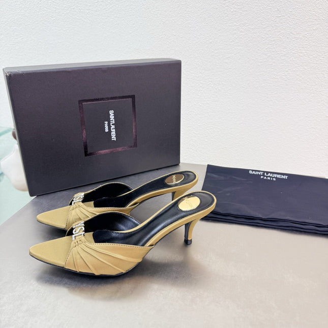 YSL 26S HIGH HEEL SANDALS 65 MM IN LIGHT OLIVE GREEN FABRIC