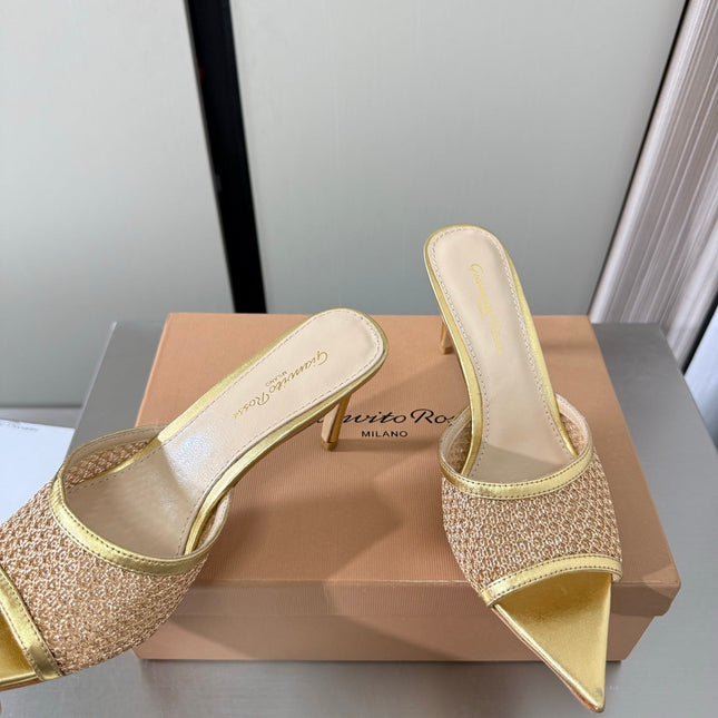 GIANVITO ROSSI 26S POINTED-TOE SANDALS 90 MM IN GOLD LAMBSKIN