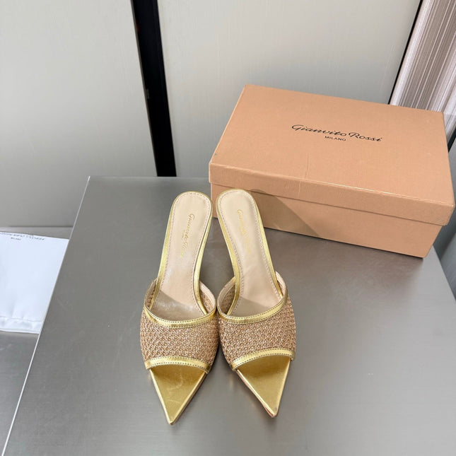 GIANVITO ROSSI 26S POINTED-TOE SANDALS 90 MM IN GOLD LAMBSKIN