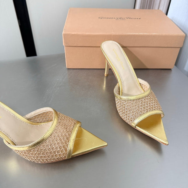 GIANVITO ROSSI 26S POINTED-TOE SANDALS 90 MM IN GOLD LAMBSKIN