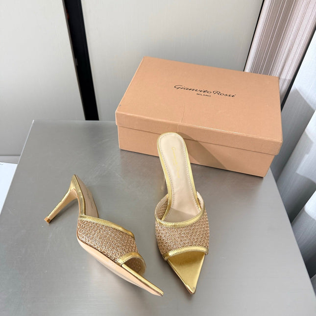GIANVITO ROSSI 26S POINTED-TOE SANDALS 90 MM IN GOLD LAMBSKIN