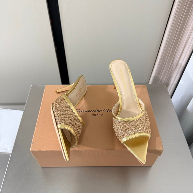 GIANVITO ROSSI 26S POINTED-TOE SANDALS 90 MM IN GOLD LAMBSKIN
