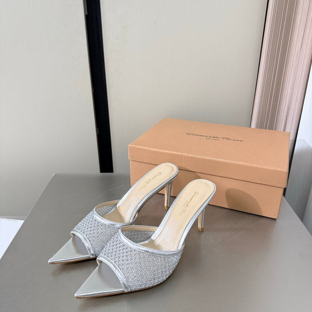 GIANVITO ROSSI 26S POINTED-TOE SANDALS 90 MM IN SILVER LAMBSKIN