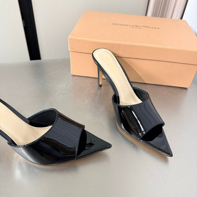 GIANVITO ROSSI 26S POINTED-TOE SANDALS 90 MM IN BLACK PATENT CALFSKIN