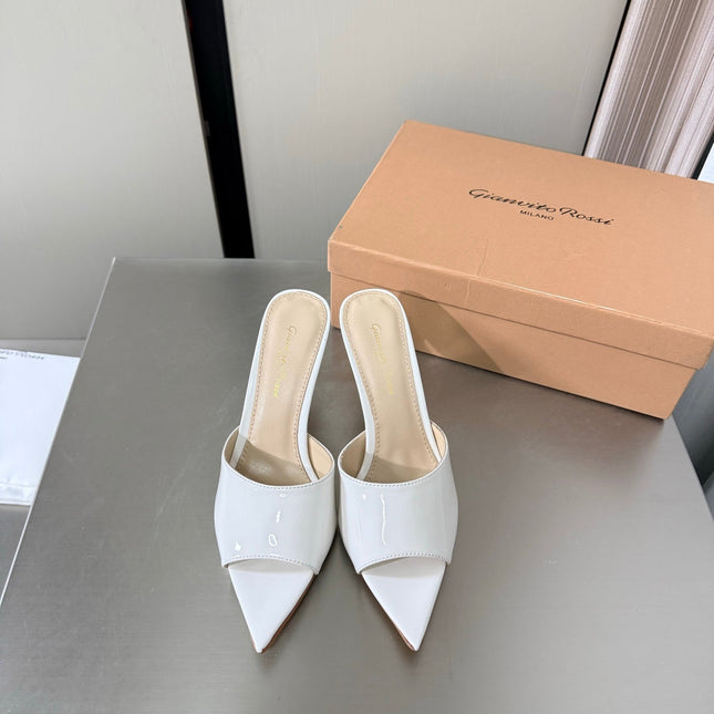 GIANVITO ROSSI 26S POINTED-TOE SANDALS 90 MM IN WHITE PATENT CALFSKIN