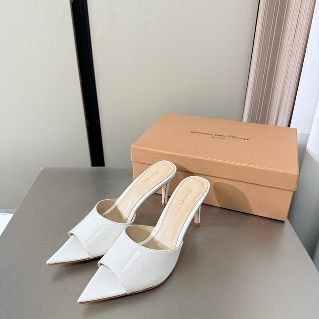 GIANVITO ROSSI 26S POINTED-TOE SANDALS 90 MM IN WHITE PATENT CALFSKIN