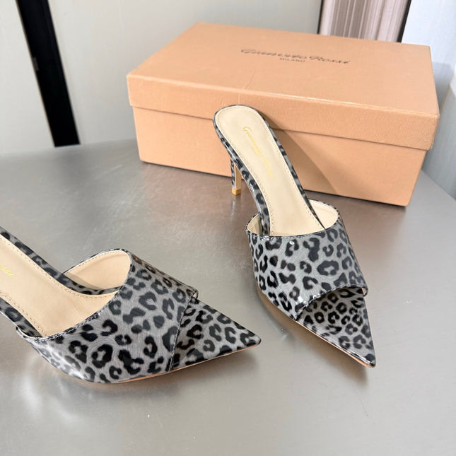 GIANVITO ROSSI 26S POINTED-TOE SANDALS 90 MM IN BLACK AND GREY LEOPARD PRINT LEATHER