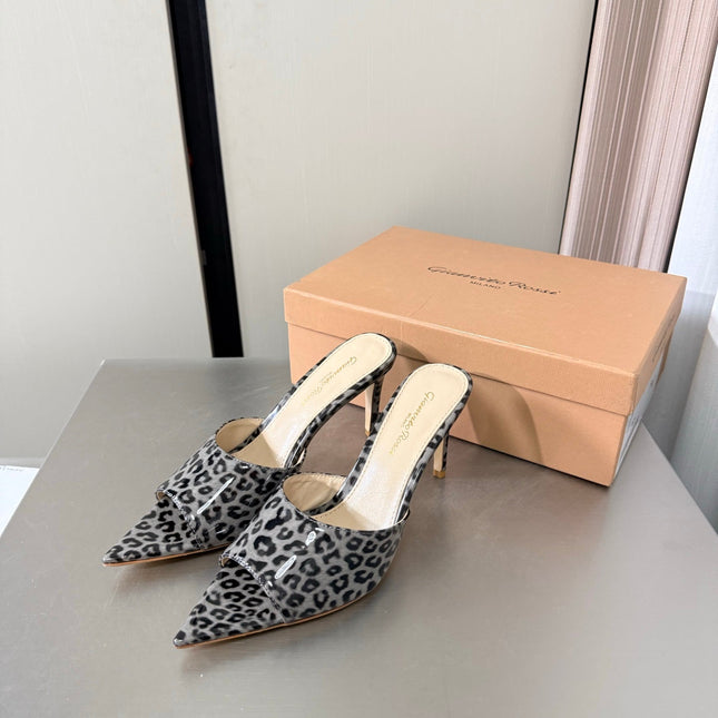 GIANVITO ROSSI 26S POINTED-TOE SANDALS 90 MM IN BLACK AND GREY LEOPARD PRINT LEATHER