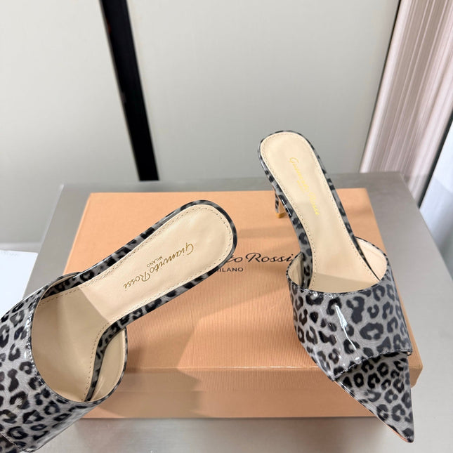 GIANVITO ROSSI 26S POINTED-TOE SANDALS 90 MM IN BLACK AND GREY LEOPARD PRINT LEATHER