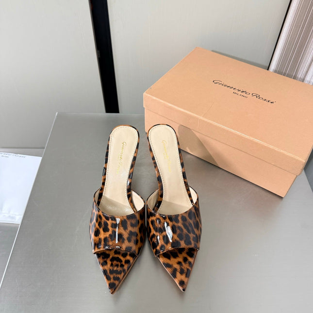 GIANVITO ROSSI 26S POINTED-TOE SANDALS 90 MM IN BLACK AND BROWN LEOPARD PRINT LEATHER 