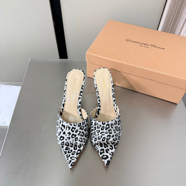 GIANVITO ROSSI 26S POINTED-TOE SANDALS 90 MM IN BLACK AND WHITE LEOPARD PRINT LEATHER 