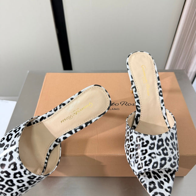 GIANVITO ROSSI 26S POINTED-TOE SANDALS 90 MM IN BLACK AND WHITE LEOPARD PRINT LEATHER 