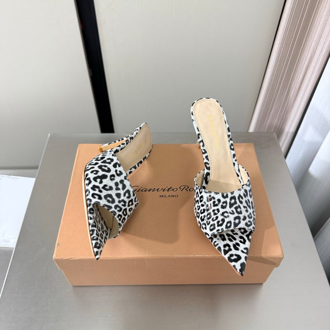 GIANVITO ROSSI 26S POINTED-TOE SANDALS 90 MM IN BLACK AND WHITE LEOPARD PRINT LEATHER 