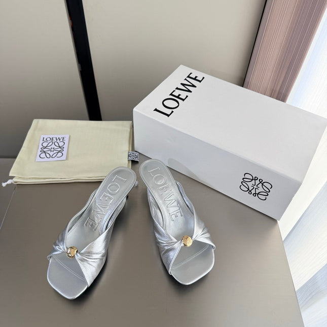 LOEWE 26S HEELED SANDALS 45MM IN SILVER CALFSKIN