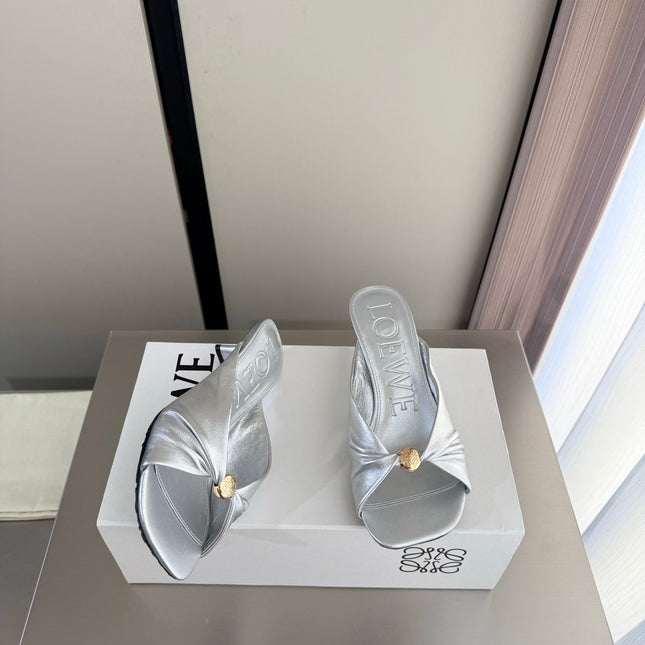 LOEWE 26S HEELED SANDALS 45MM IN SILVER CALFSKIN