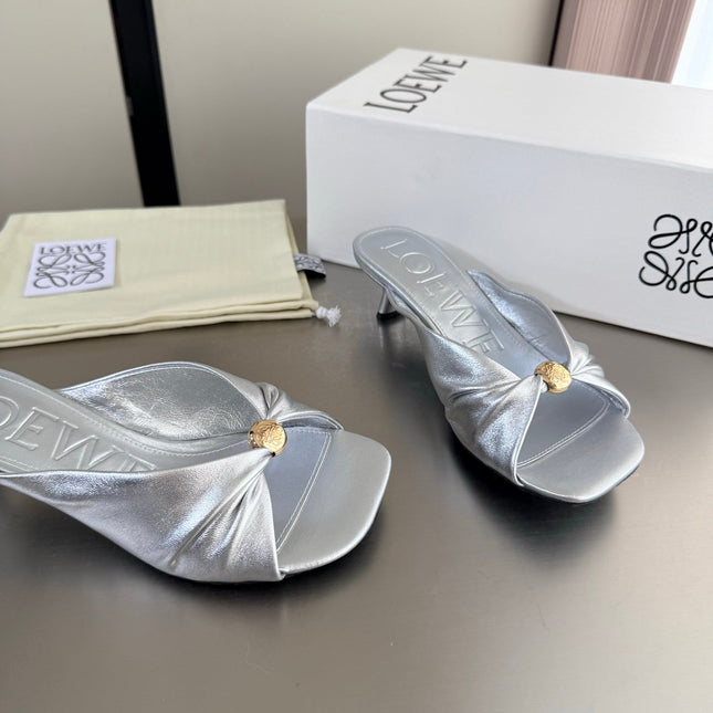 LOEWE 26S HEELED SANDALS 45MM IN SILVER CALFSKIN