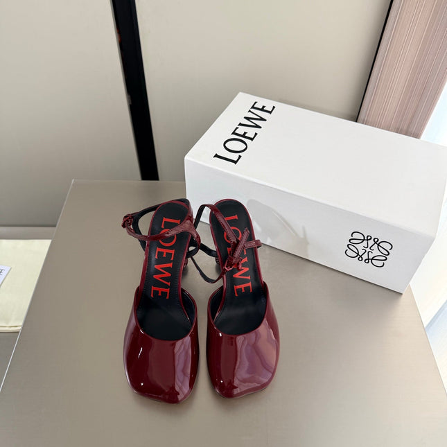 LOEWE 26S SLINGBACK HIGH HEEL PUMPS 60MM IN BURGUNDY RED PATENT CALFSKIN