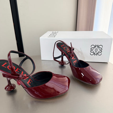 LOEWE 26S SLINGBACK HIGH HEEL PUMPS 60MM IN BURGUNDY RED PATENT CALFSKIN