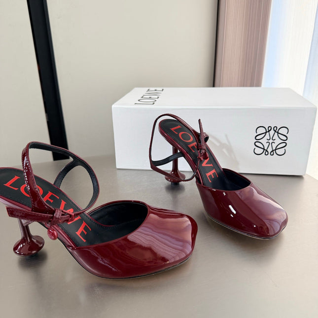 LOEWE 26S SLINGBACK HIGH HEEL PUMPS 60MM IN BURGUNDY RED PATENT CALFSKIN
