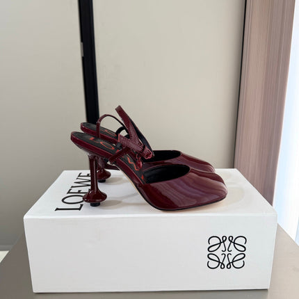 LOEWE 26S SLINGBACK HIGH HEEL PUMPS 60MM IN BURGUNDY RED PATENT CALFSKIN
