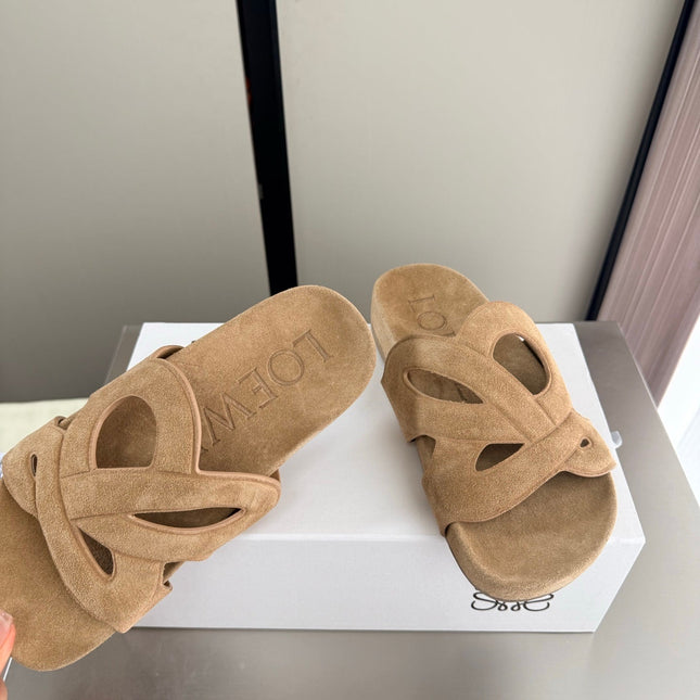 LOEWE 26S SLIDE SANDALS 30MM IN BEIGE SUEDE