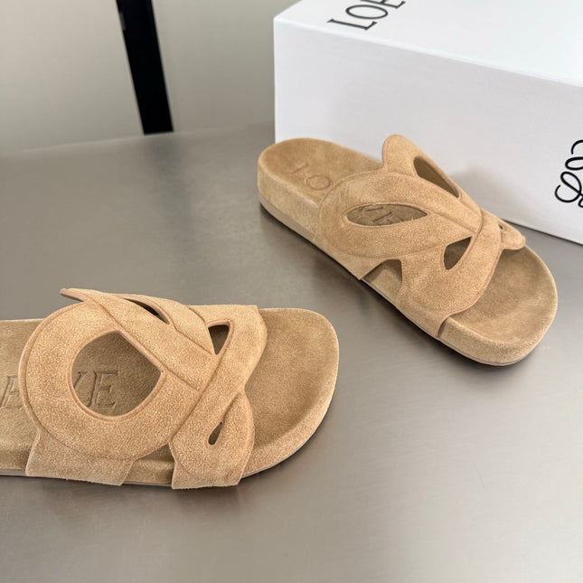 LOEWE 26S SLIDE SANDALS 30MM IN BEIGE SUEDE