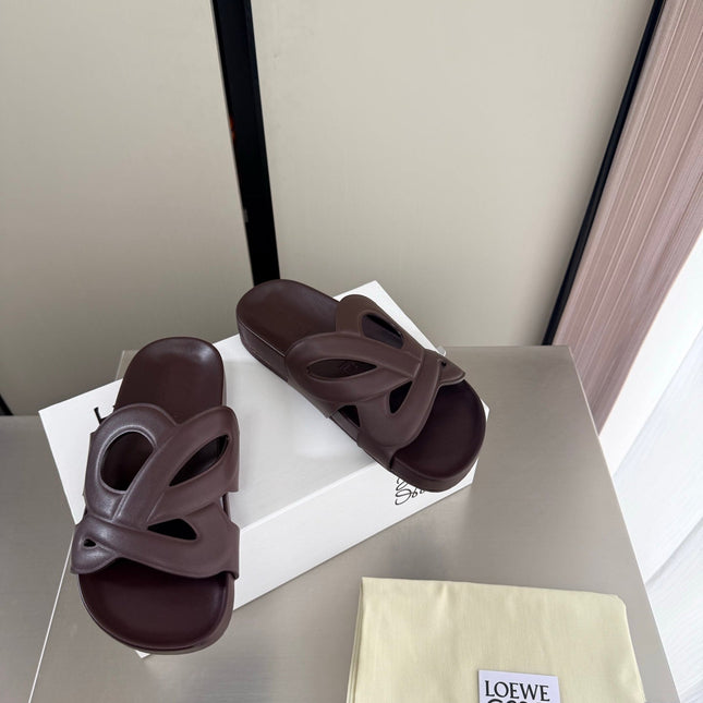LOEWE 26S SLIDE SANDALS 30MM IN DARK BROWN CALFSKIN
