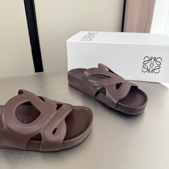 LOEWE 26S SLIDE SANDALS 30MM IN DARK BROWN CALFSKIN