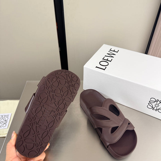 LOEWE 26S SLIDE SANDALS 30MM IN DARK BROWN CALFSKIN