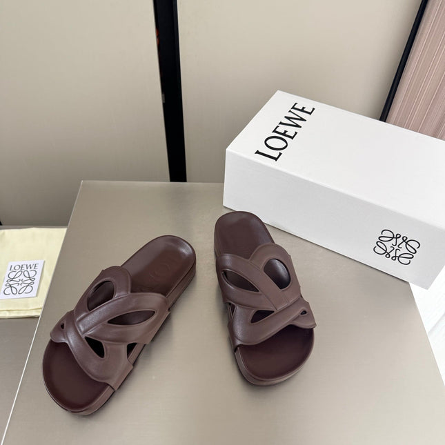 LOEWE 26S SLIDE SANDALS 30MM IN DARK BROWN CALFSKIN