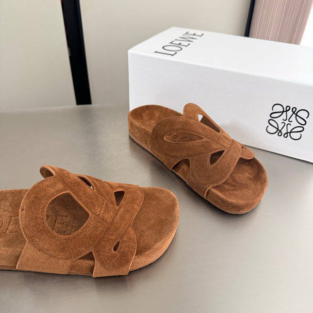 LOEWE 26S SLIDE SANDALS 30MM IN CARAMEL BROWN SUEDE