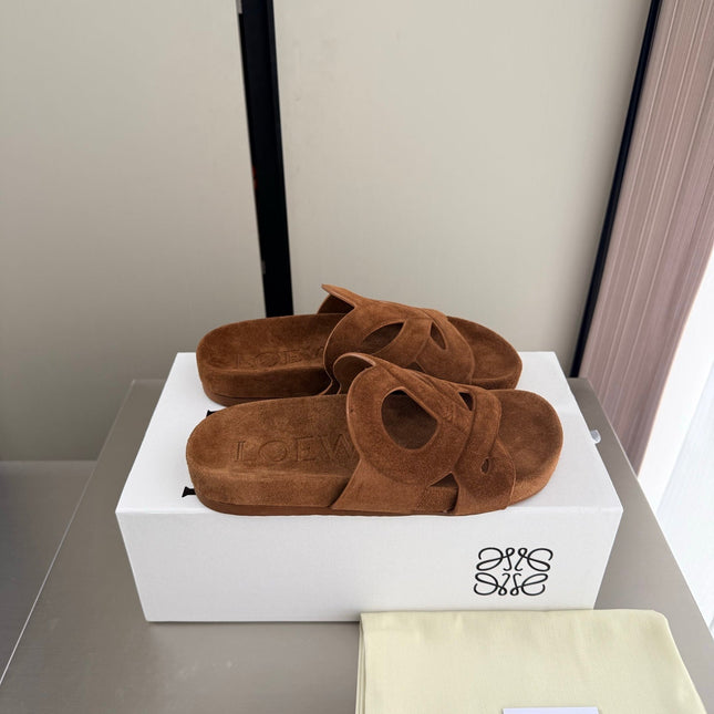 LOEWE 26S SLIDE SANDALS 30MM IN CARAMEL BROWN SUEDE