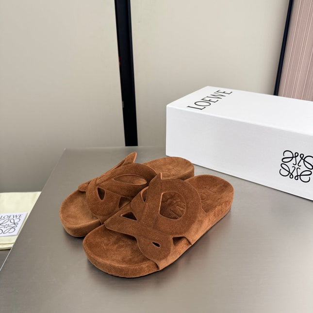 LOEWE 26S SLIDE SANDALS 30MM IN CARAMEL BROWN SUEDE
