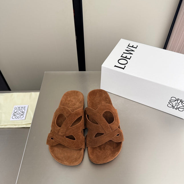 LOEWE 26S SLIDE SANDALS 30MM IN CARAMEL BROWN SUEDE