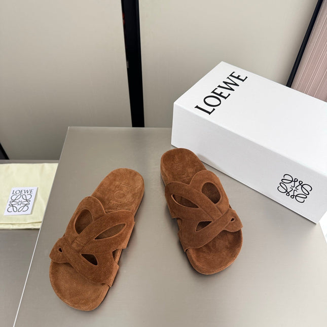 LOEWE 26S SLIDE SANDALS 30MM IN CARAMEL BROWN SUEDE
