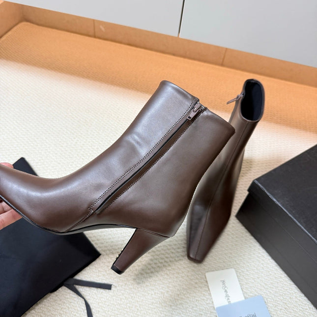 YSL 26S HEELED ANKLE BOOTS 70 MM IN DARK BROWN LAMBSKIN