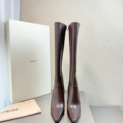 YSL 26S HIGH-HEEL TALL BOOTS 105 MM IN DARK BROWN SHINY LAMBSKIN