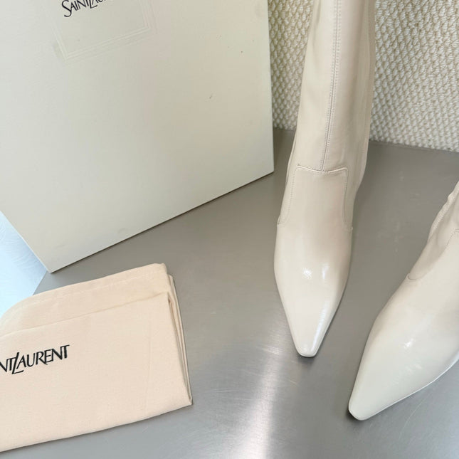 YSL 26S HIGH-HEEL TALL BOOTS 105 MM IN CREAM WHITE SHINY LAMBSKIN