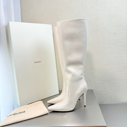YSL 26S HIGH-HEEL TALL BOOTS 105 MM IN CREAM WHITE SHINY LAMBSKIN