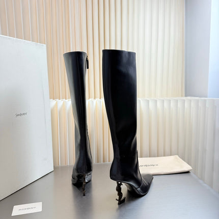 YSL 26S TALL POINTED-TOE HEELED BOOTS 80 MM IN BLACK SHINY LAMBSKIN