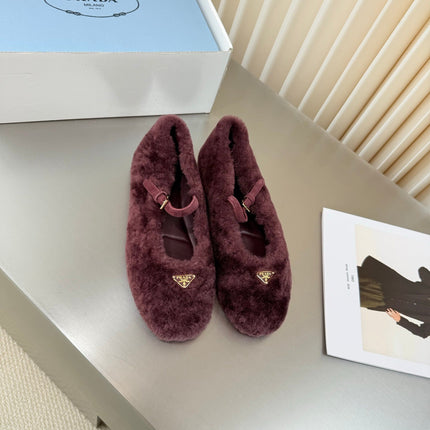 PRADA 26S MARY JANE BALLET IN MAROON RED SHEARLING