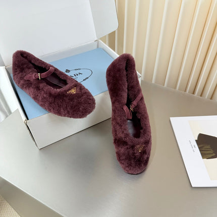 PRADA 26S MARY JANE BALLET IN MAROON RED SHEARLING